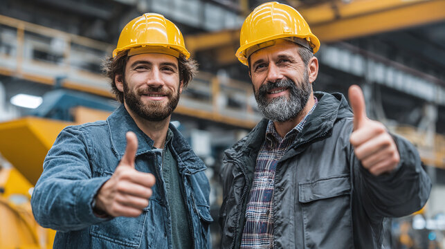 two industrial workers in hard hats standing by monitor in factory as experienced foreman mentors young engineer trainee with thumbs up and supportive workplace guidance