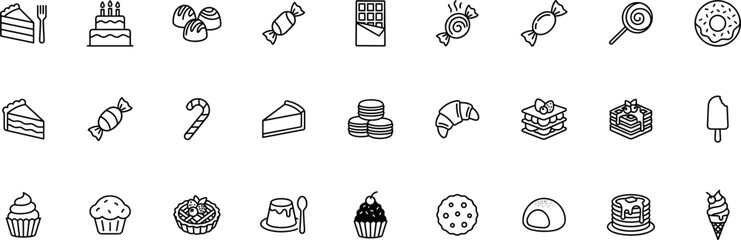 Outline dessert and sweets icons set with cake cupcake donut chocolate candy lollipop croissant cookie macaron waffle pastry and bakery treats line illustration collection on transparent background