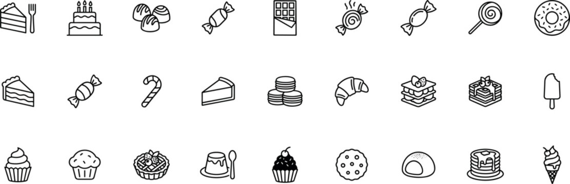 Outline dessert and sweets icons set with cake cupcake donut chocolate candy lollipop croissant cookie macaron waffle pastry and bakery treats line illustration collection on transparent background