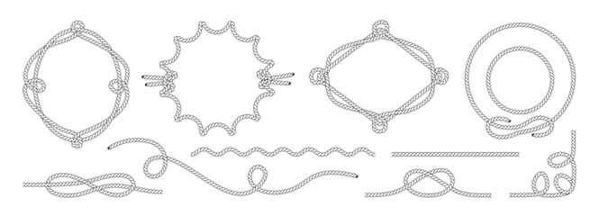 Plakat Rope wavy border with circle frame and brush knot shape. String cowboy pattern with vector boarder western and cord knit. Curve braid rope with nautical outline shape