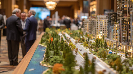 professionals gathered around urban architecture model at real estate event discussing investment strategy construction planning and city landscape design for future development projects