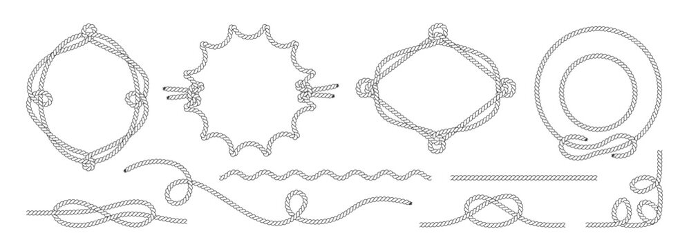 Rope wavy border with circle frame and brush knot shape. String cowboy pattern with vector boarder western and cord knit. Curve braid rope with nautical outline shape