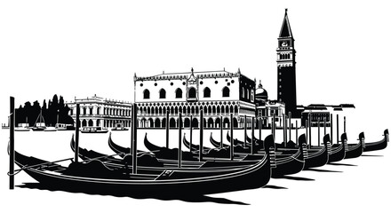 A striking black and white depiction of venetian gondolas and st mark s square in italy silhouette high quality professional detailed modern elegant stylish © CreativeAkash099