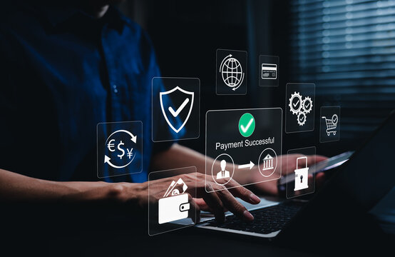 Secure online payment concept. Person using laptop and virtual financial icons showing payment confirmation, digital wallet, banking transaction, cybersecurity protection, fintech financial technology