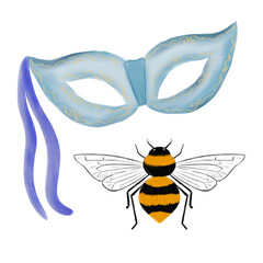 bee on white background and carnival mask, masquerade 