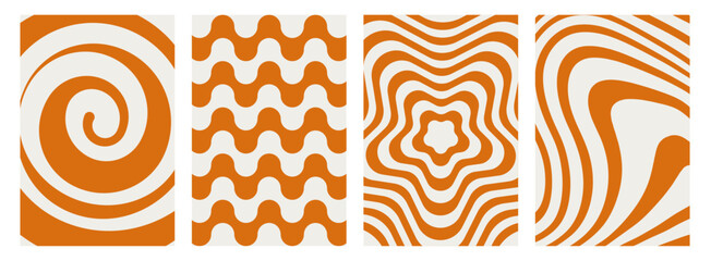 Retro groovy swirl wave patterns set. Abstract caramel cream wavy backgrounds collection. Funky spiral liquid texture vector