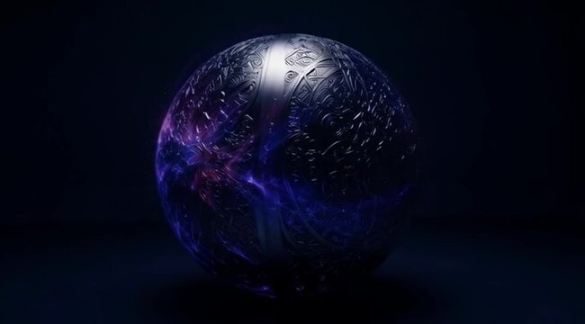 Abstract glowing sphere with cosmic patterns on dark background  
