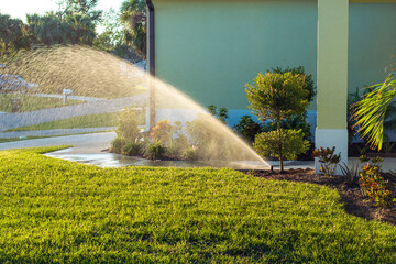 Obraz na płótnie Canvas Lawn grass watering with automated sprinkler. Keeping green backyard during dry season