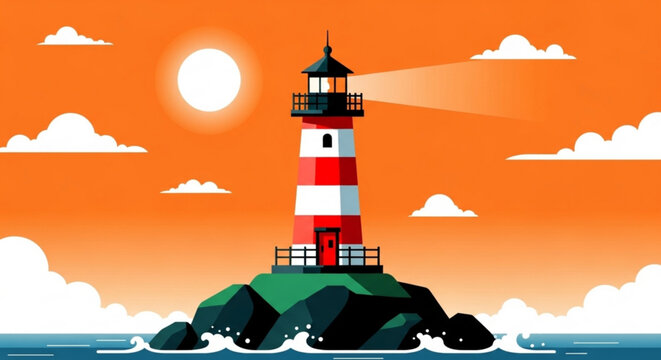 A vibrant vector illustration of a lighthouse on a rocky island