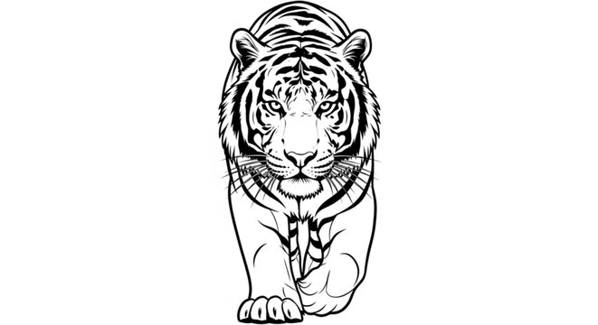 A black and white vector illustration of a tiger crouching down