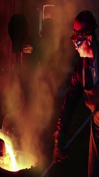 Liquid metal in the foundry, melting iron in furnace, steel mill. Worker with goggles and helmet watching and controlling iron smelting in furnaces