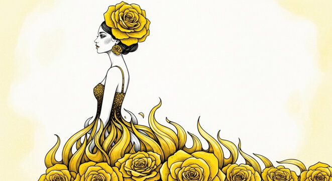 A beautiful woman in a yellow rose dress and floral crown standing in a field of roses