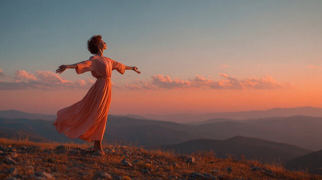 joyful woman in peach dress with arms wide open on hill at sunset capturing happiness triumph inner peace and a blissful moment of freedom in nature