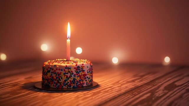 A small, round cake with colorful sprinkles and a single lit candle on top, sitting on a wooden table with blurred lights in the background