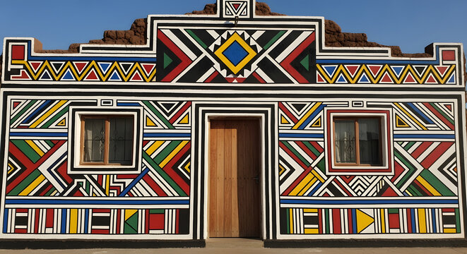 Colorful Traditional Ndebele House Facade with Geometric Patterns.