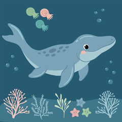 Obraz premium Cute blue mosasaur swimming among corals and ammonites