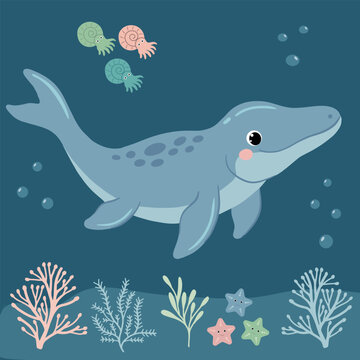 Cute blue mosasaur swimming among corals and ammonites