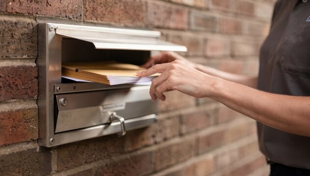 Charity worker dropping envelopes into a secure night depository box on a brick wall medium shot with clear focus on the chute and hand rest of the setting softly blurred.