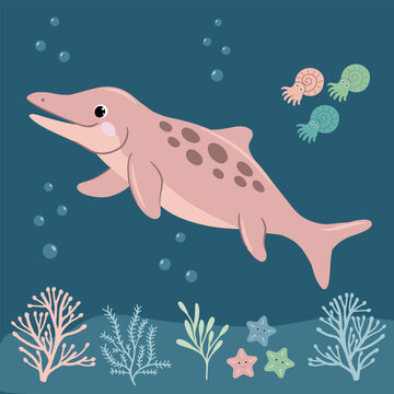 Cute pink ichthyosaurus swimming underwater with ammonites and coral