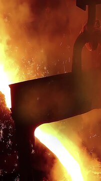 Liquid metal in the foundry, melting iron in furnace, steel mill. Smelting is a process of applying heat to ore in order to extract a base metal