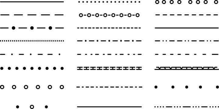 Decorative divider lines set with dotted dashed solid circle and geometric patterns minimal horizontal border separators for design layout isolated on transparent background