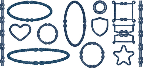 Nautical rope frame set with oval round heart star shield and rectangle borders marine knot decorative elements vintage sailor style illustration on transparent background © Maksym