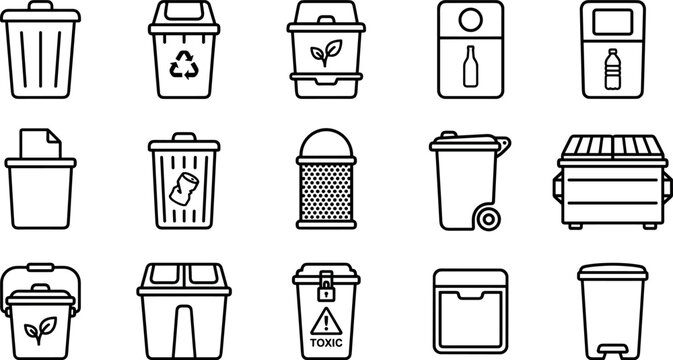 Waste management and recycling bin icons set with trash cans garbage containers plastic bottle recycling toxic waste and disposal bins outline illustration on transparent background