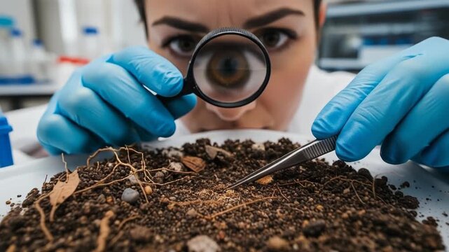 A person wearing blue gloves examines soil with a magnifying glass and tool
