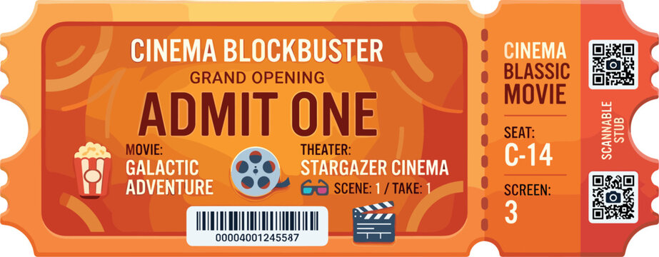 Colorful cinema ticket illustration with admit one text popcorn film reel clapperboard barcode and QR code for movie theater admission entertainment event design