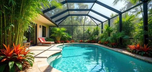 Fototapeta premium Screened pool area with lush tropical plants and bamboo. Features chaise lounge chair for relaxation, private oasis, backyard sanctuary with clear blue water.