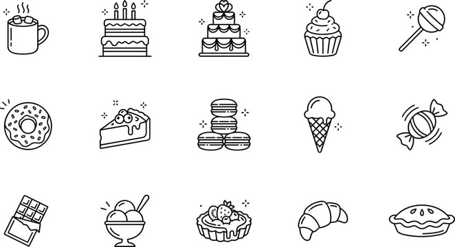 Dessert and sweets outline icons set with cake cupcake donut ice cream macarons lollipop chocolate croissant pie and candy line illustration collection