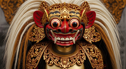 Obraz premium Intricate Balinese Barong Mask Detailed Closeup.