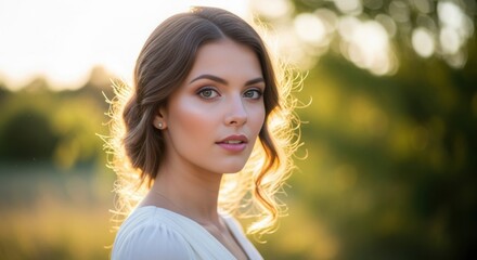 Naklejka premium Portrait of young woman with long wavy hair in natural sunlight, showcasing serene expression in outdoor setting. Capturing warm golden hour glow, this portrait reflects beauty in nature.