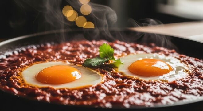 Delicious dish with poached eggs on spicy tomato sauce served hot in skillet. Dish features vibrant golden yolks and fresh cilantro garnish enhancing flavors. Perfect for trending food postcard.