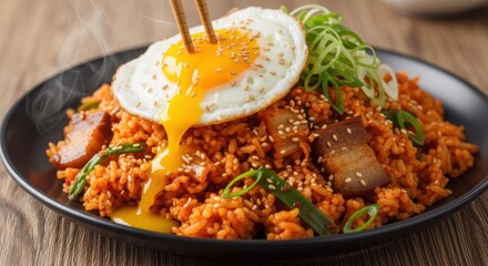 Fototapeta premium Delicious kimchi fried rice steaming on dark plate with a runny fried egg. Whisk inspired ingredients create a savory Korean meal, garnished with green onions and pork belly.