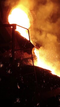 Liquid metal in the foundry, melting iron in furnace, steel mill. Smelting is a process of applying heat to ore in order to extract a base metal