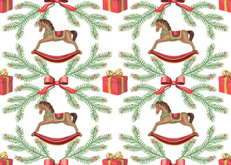 Fototapeta premium Rocking horse, fir branch, gift, red bow seamless pattern. Christmas wallpaper.