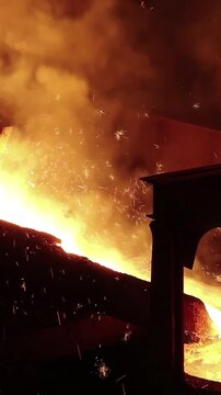 Liquid metal in the foundry, melting iron in furnace, steel mill. Smelting is a process of applying heat to ore in order to extract a base metal