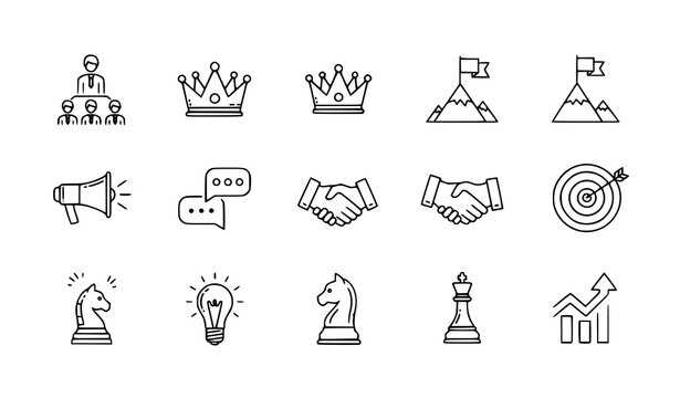 A set of business strategy icons in a minimal line art style