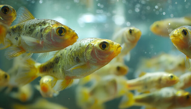 Macro underwater footage of baby koi and tilapia fry in fish hatchery, slow motion 4k used for aquaculture, biology education, research projects and environmental documentaries