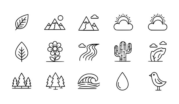 A set of minimalist nature icons in a simple line art style
