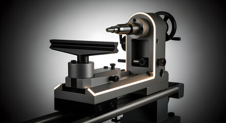 Fototapeta premium Showcasing a sleek black metal device with white outline, angled view on gradient backdrop featuring cylinder knob for product photography