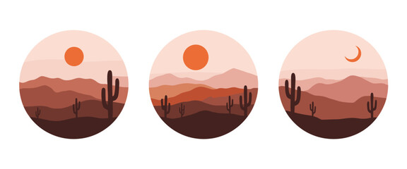 Desert landscape with saguaro cacti and mountains in circular frames cactus © Emon