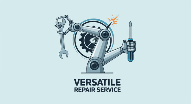 Robotic arm holding tools for versatile repair service logo design, symbolizing efficiency, technology, and precision in maintenance and engineering solutions.