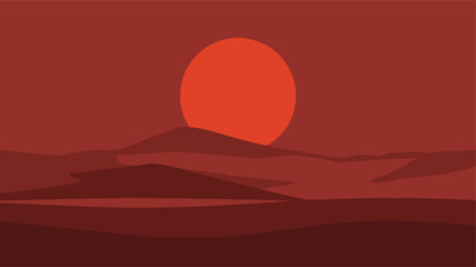 Stylized desert landscape at sunset with a large orange sun and rolling hills vector illustration