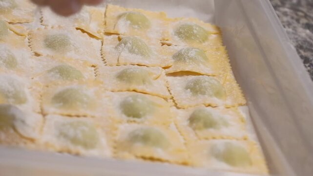 Hands Sculpting Italian Pasta With Flour, Skilled Chef Making Homemade Italian Pasta Using Fresh Ingredients, Preparing Traditional Italian Pasta Ravioli In Kitchen, Authentic Cooking Process