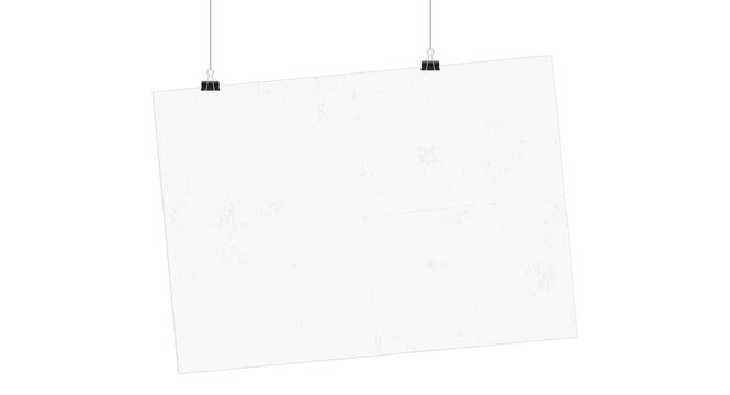 Blank white poster hanging up with clips mockup