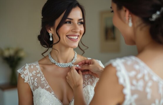 Bride smiles as woman fastens necklace. Getting ready for wedding ceremony. Elegant bridal preparation moment. Close-up of beautiful bride and helper.