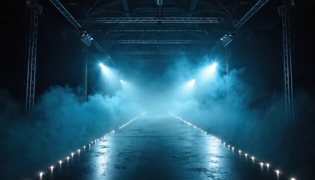 Empty fashion runway with dramatic blue spotlights and smoke. Modern catwalk with line lights and metal trusses. Show setting for design event or performance.