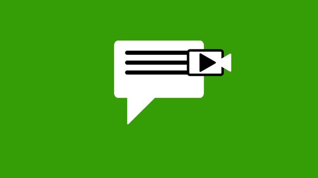 Video Message Chat Bubble Icon with Camera Play Symbol, Online Video Communication Concept, Live Streaming Media Message Sign, Digital Social Media Chat Notification Flat Icon on green Background.